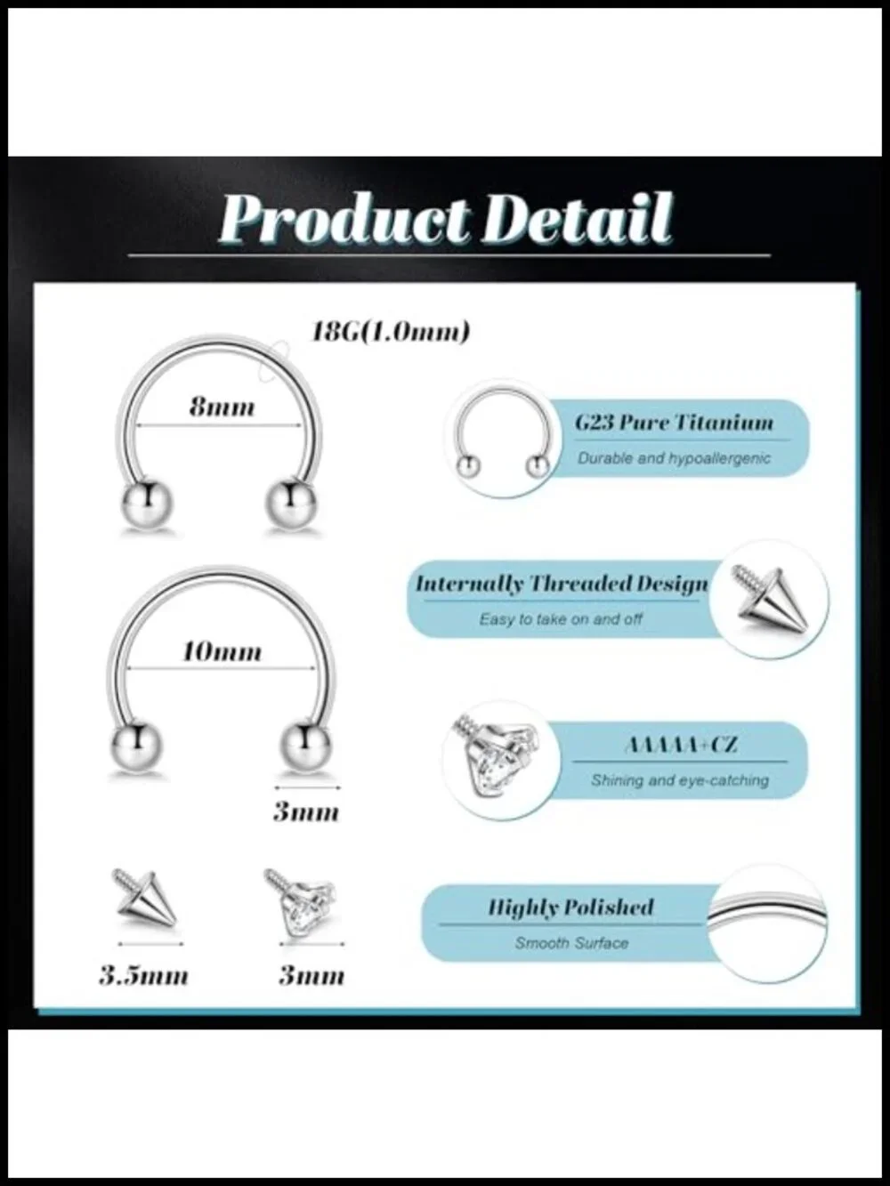 16G 18G G23 Pure Titanium Horseshoe Septum Ring Nose Hoop Internally Threaded
